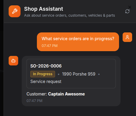 AutoShop in-app shop assistant answering an operator query