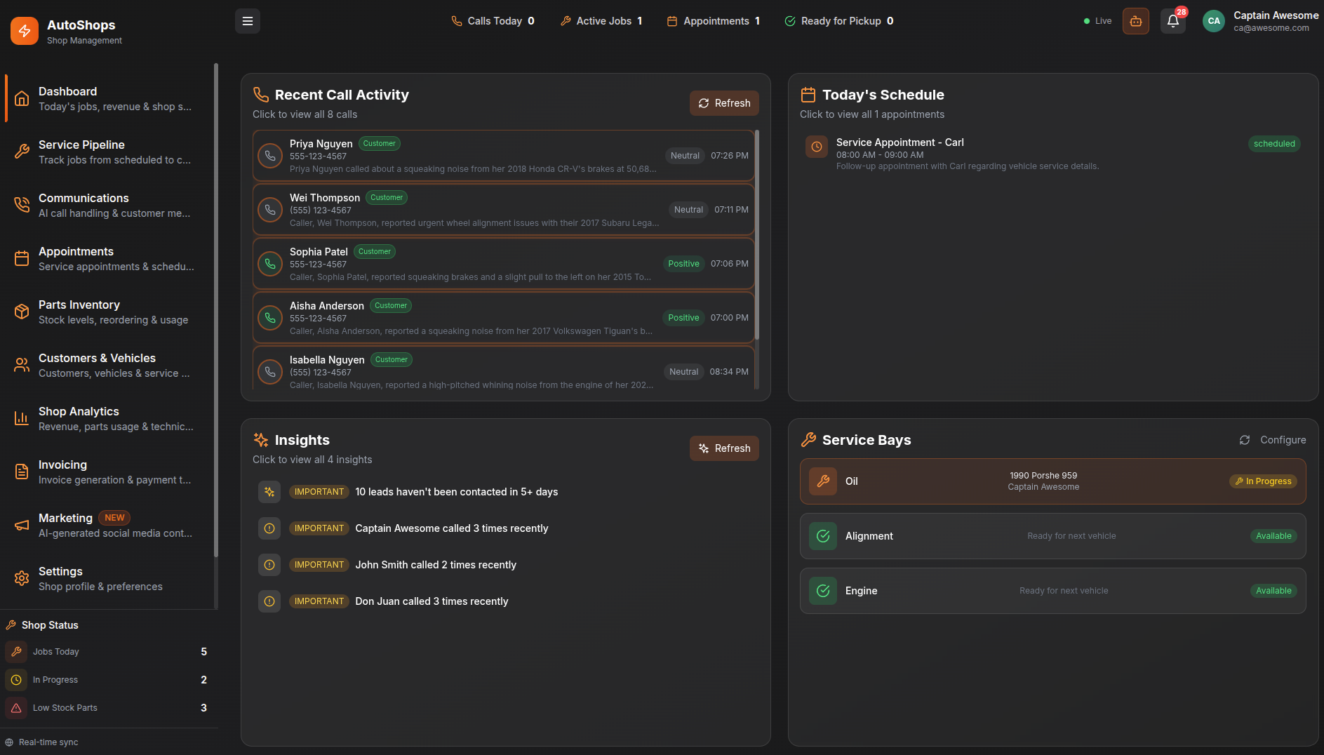 AutoShop dashboard with active jobs, schedule, and service bays