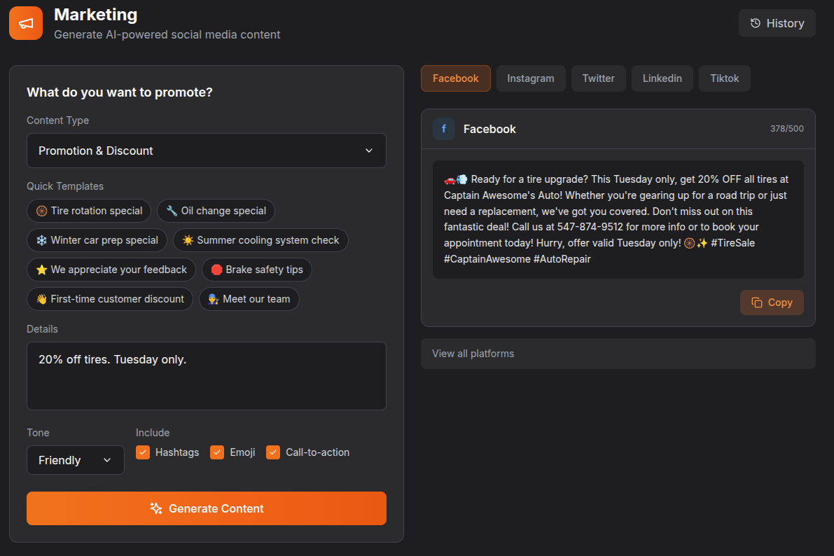 AutoShop AI marketing content generator with Facebook post preview