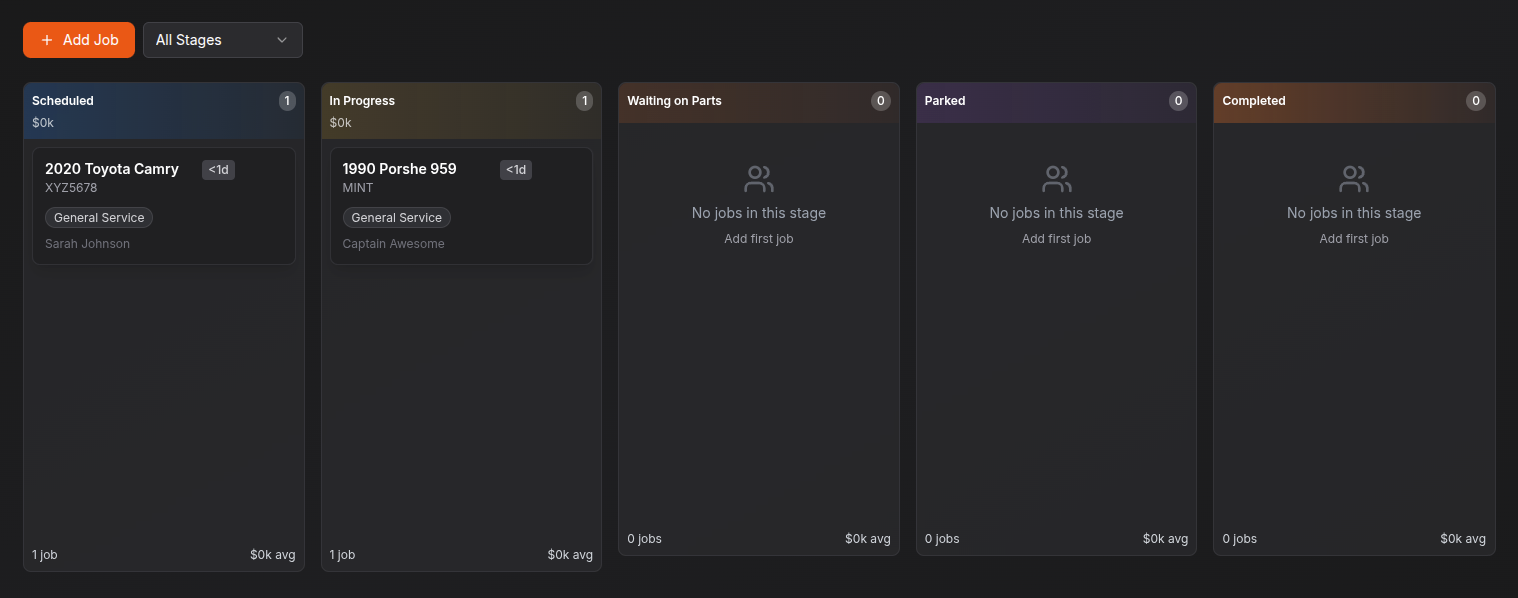AutoShop service pipeline kanban from scheduled to completed