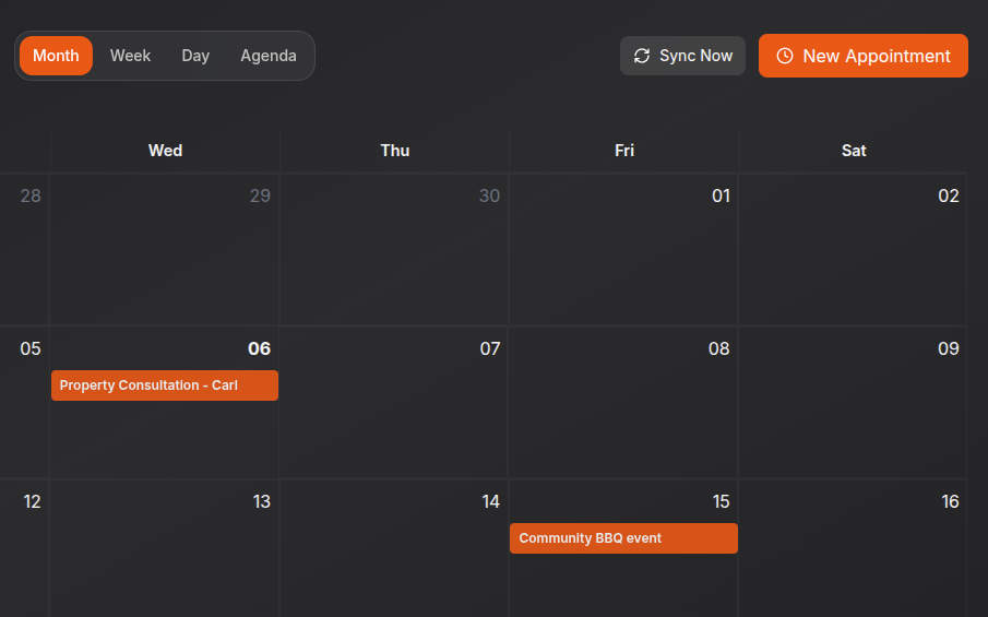 RealtorAI calendar view with booked appointments