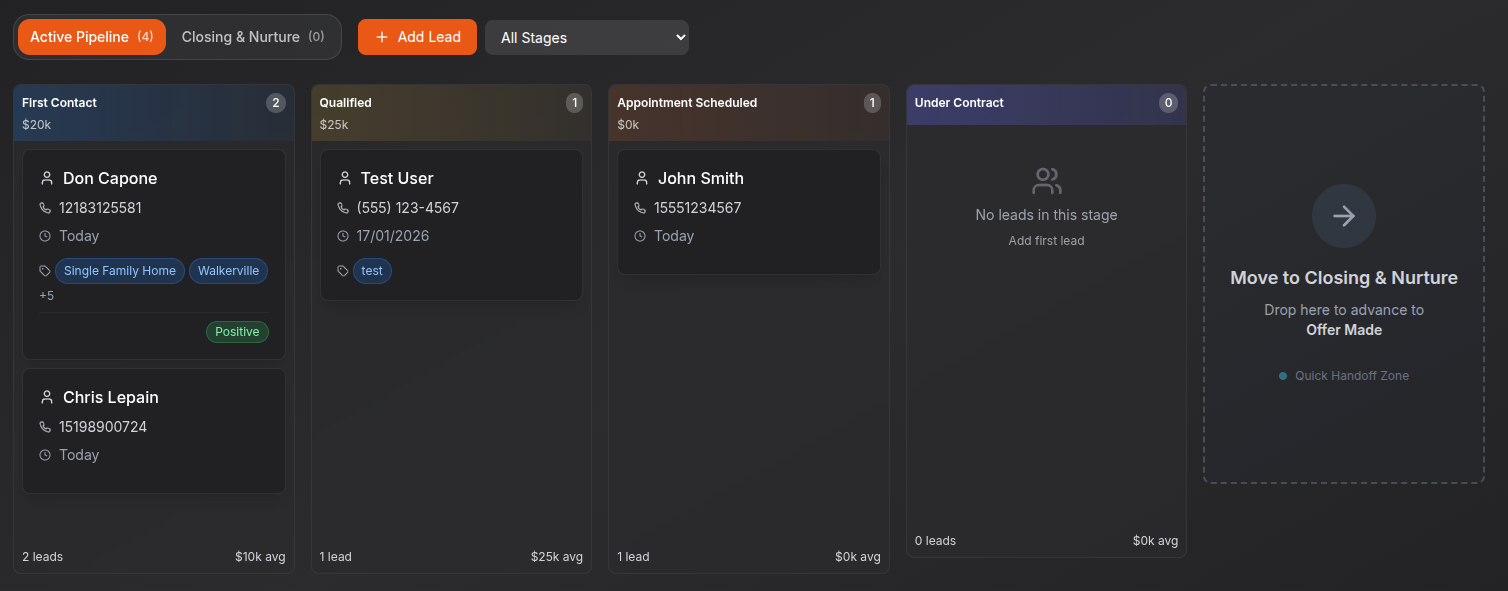 RealtorAI Kanban-style lead pipeline
